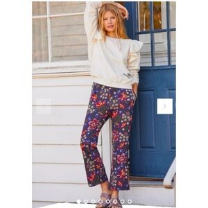 Anthropologie x Daily Practice Blue Floral Kick Flare Lounge Sweat Pants Size L